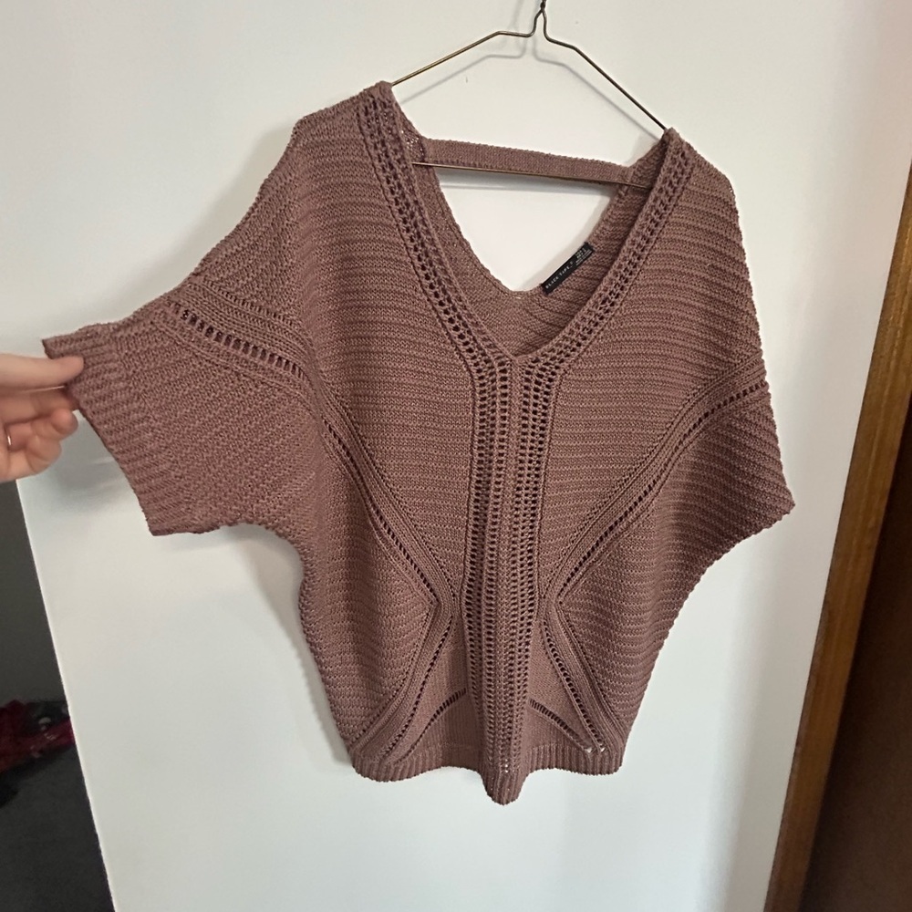 Black Tape_ V-Neck Knit Poncho Sweater in Mauve Brown - Picture 2 of 7